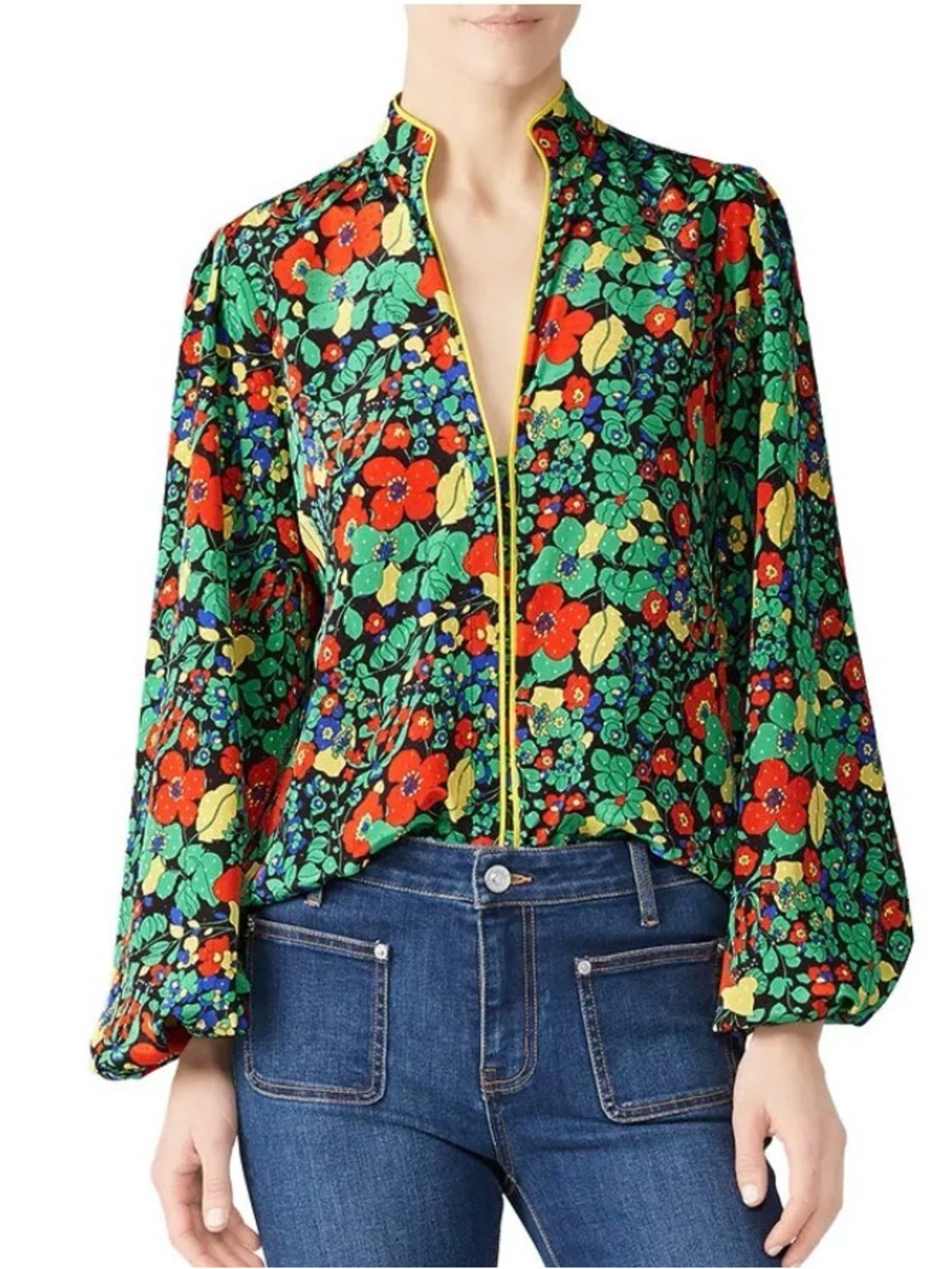 Alexis Floral Blouse Yellow Piped Trim Long Balloon Sleeve V-Neck Top Small